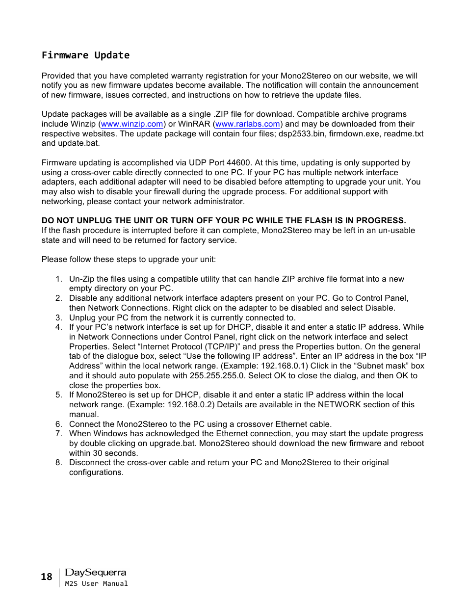Firmware update | DaySequerra Mono2Stereo User Manual | Page 18 / 20