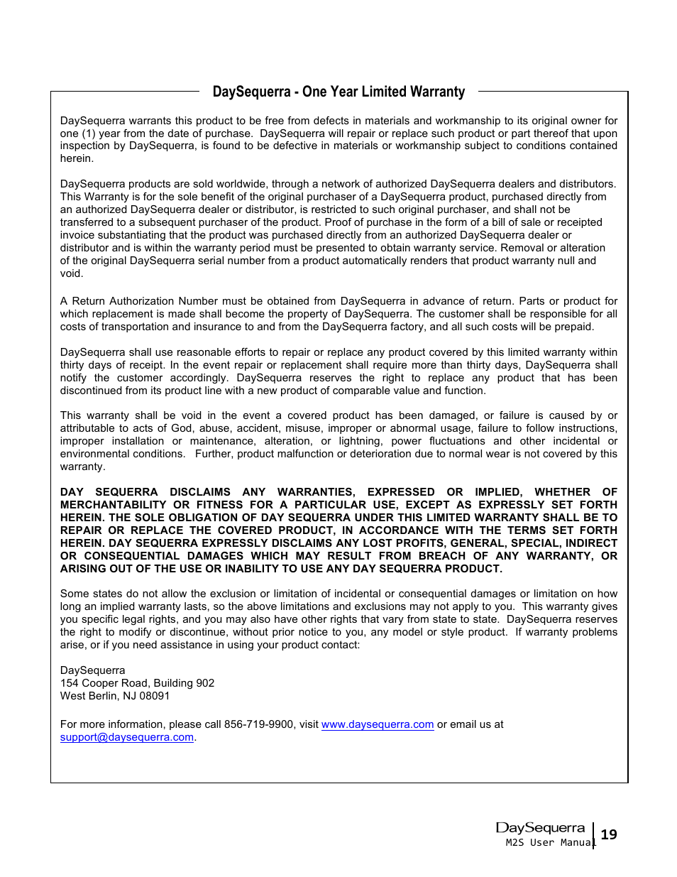 Daysequerra - one year limited warranty | DaySequerra Mono2Stereo User Manual | Page 19 / 20