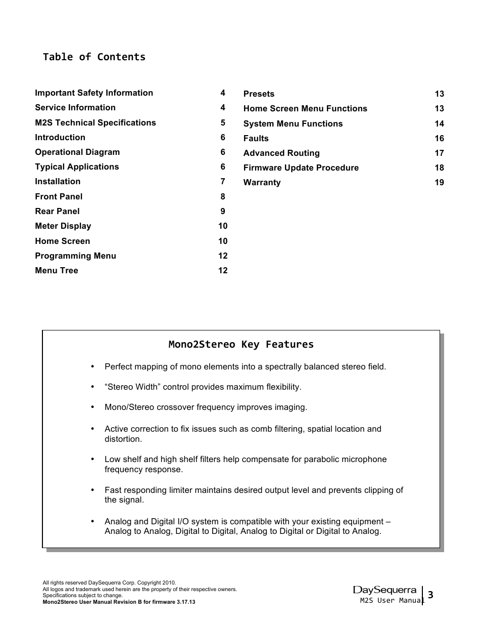 3 table of contents, Mono2stereo key features | DaySequerra Mono2Stereo User Manual | Page 3 / 20