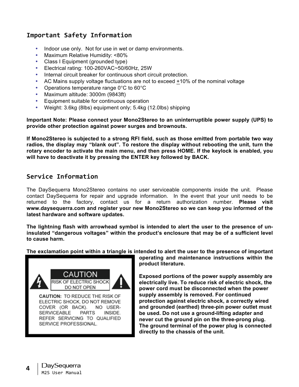 Important safety information, Service information | DaySequerra Mono2Stereo User Manual | Page 4 / 20