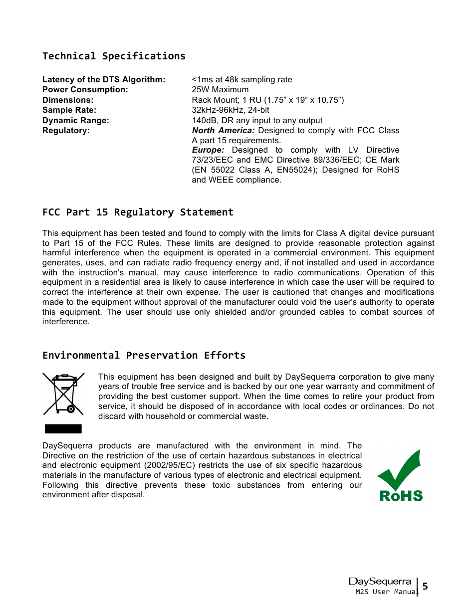 5 technical specifications, Fcc part 15 regulatory statement, Environmental preservation efforts | DaySequerra Mono2Stereo User Manual | Page 5 / 20