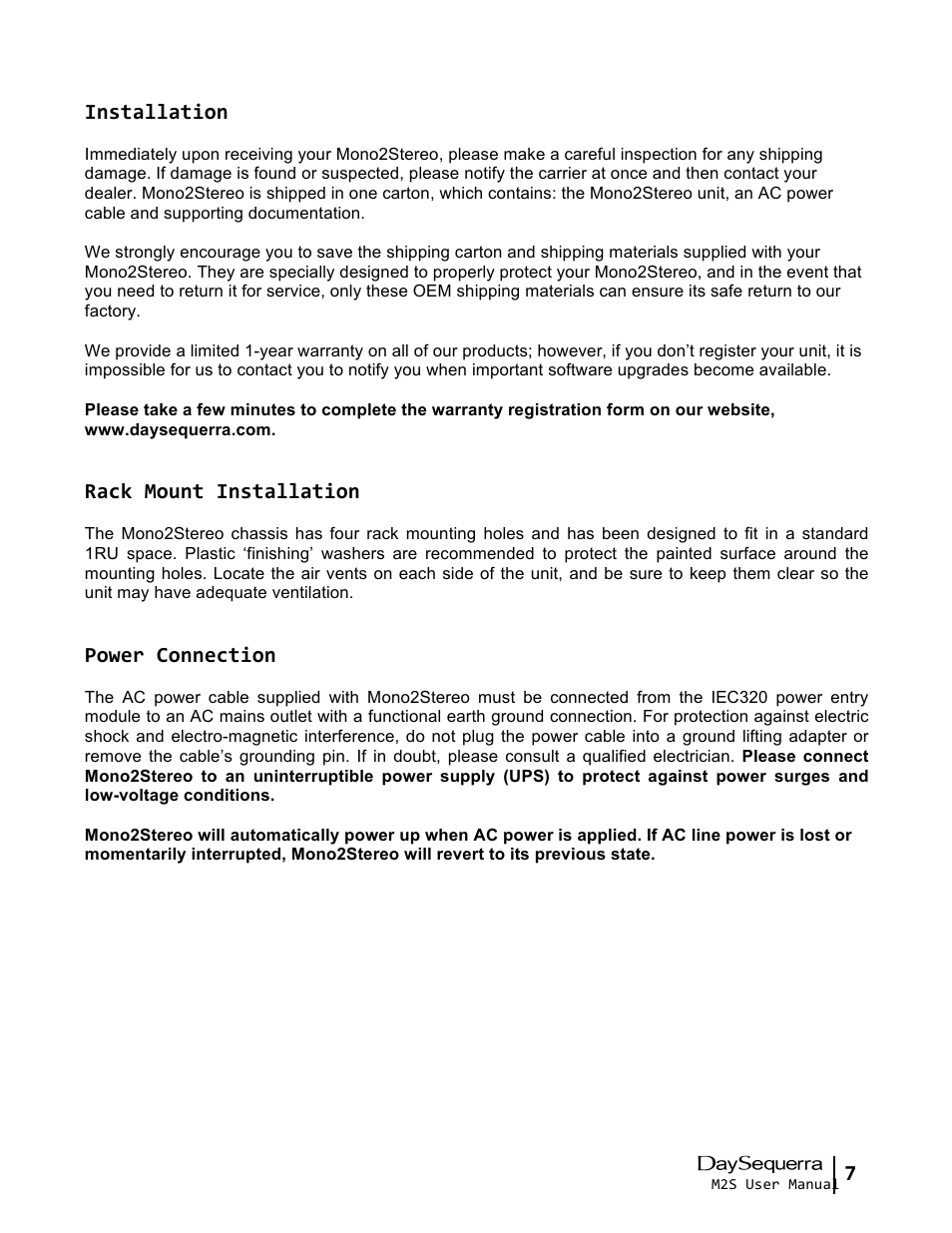 7 installation, Rack mount installation, Power connection | DaySequerra Mono2Stereo User Manual | Page 7 / 20