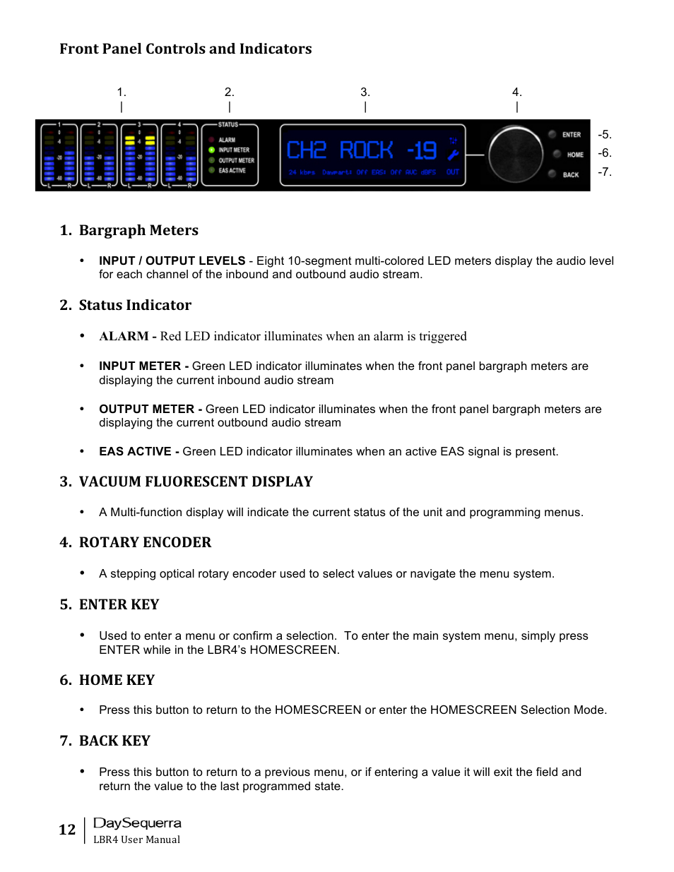 Front panel controls and indicators, Bargraph meters, Status indicator | Vacuum fluorescent display, Rotary encoder, Enter key, Home key, Back key | DaySequerra Eclipse LBR4 User Manual | Page 12 / 27