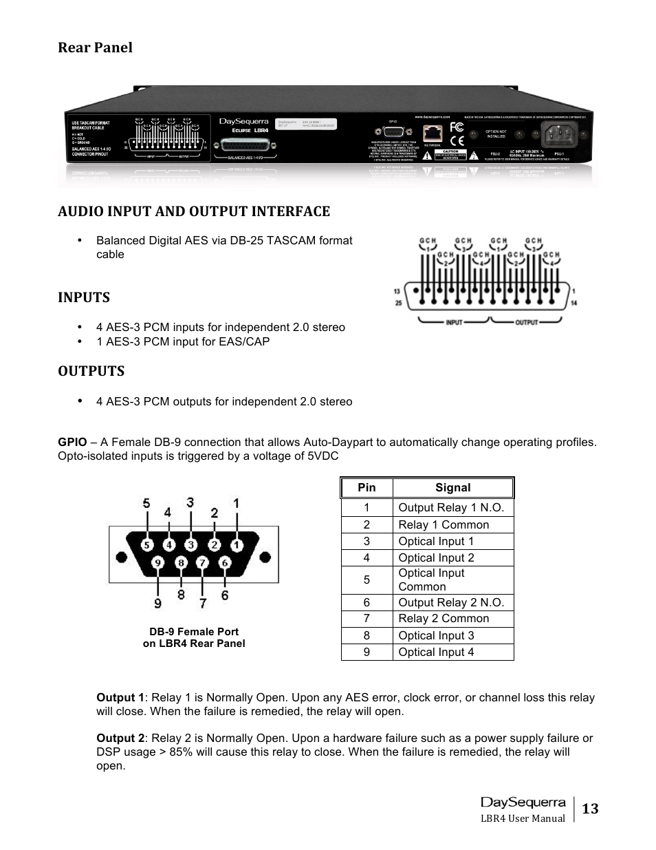 13 rear panel, Audio input and output interface, Inputs | Outputs | DaySequerra Eclipse LBR4 User Manual | Page 13 / 27