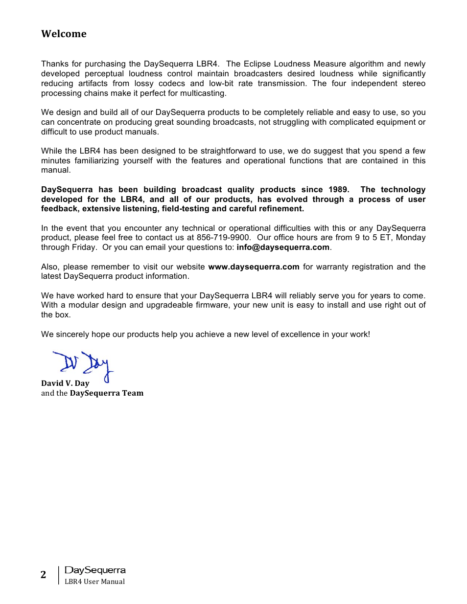 Welcome | DaySequerra Eclipse LBR4 User Manual | Page 2 / 27