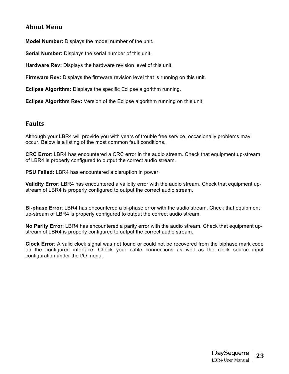 About menu, Faults | DaySequerra Eclipse LBR4 User Manual | Page 23 / 27