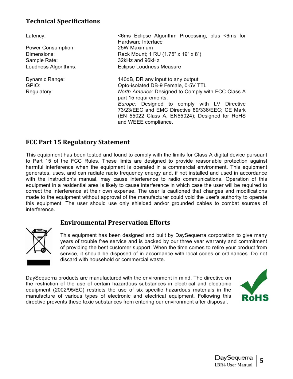 5 technical specifications, Fcc part 15 regulatory statement, Environmental preservation efforts | DaySequerra Eclipse LBR4 User Manual | Page 5 / 27
