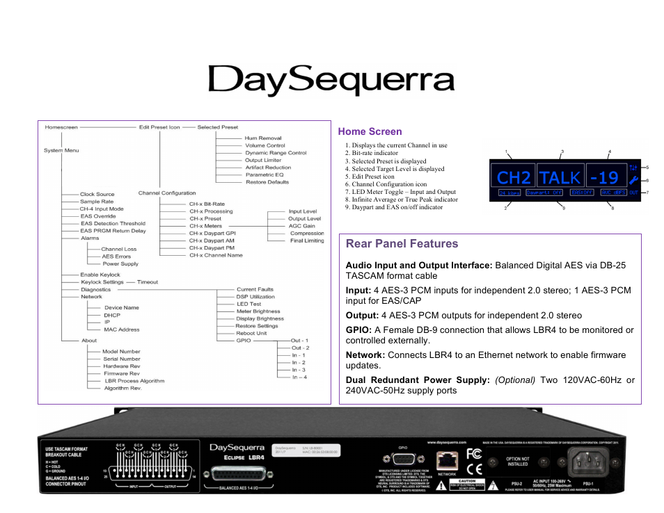 Rear panel features | DaySequerra Eclipse LBR4 User Manual | Page 2 / 2