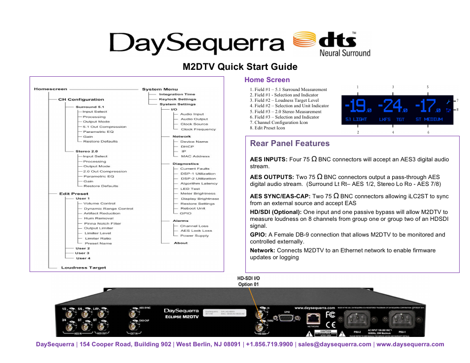 M2dtv quick start guide, Rear panel features | DaySequerra Eclipse M2DTV User Manual | Page 2 / 2