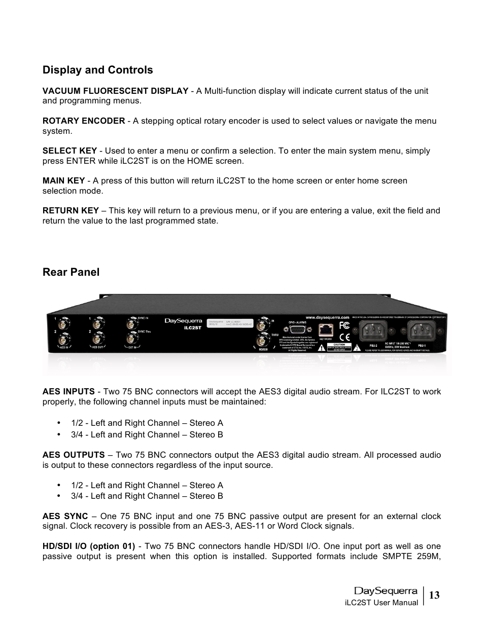 Display and controls, Rear panel | DaySequerra iLC2ST User Manual | Page 13 / 41