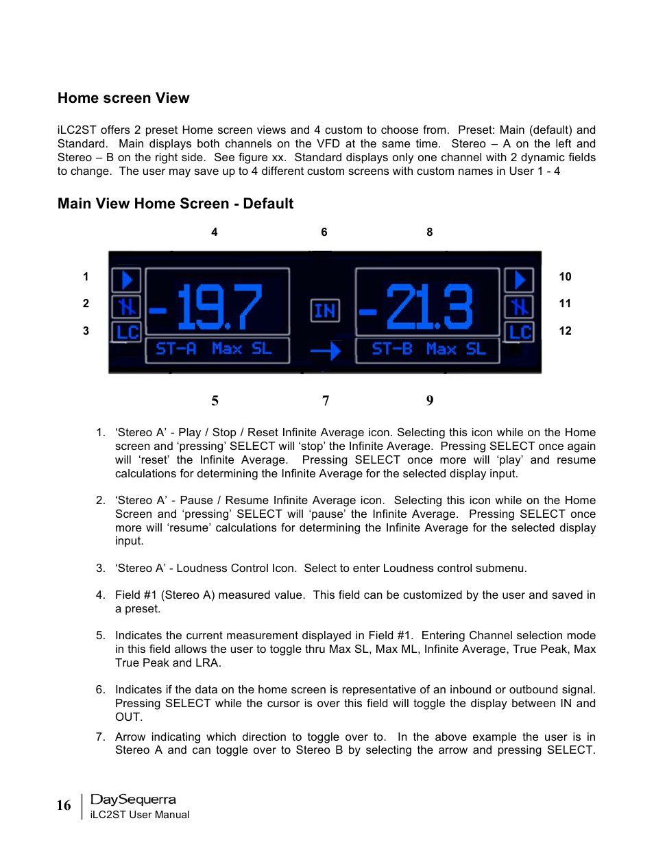 Home screen view, Main view home screen - default | DaySequerra iLC2ST User Manual | Page 16 / 41