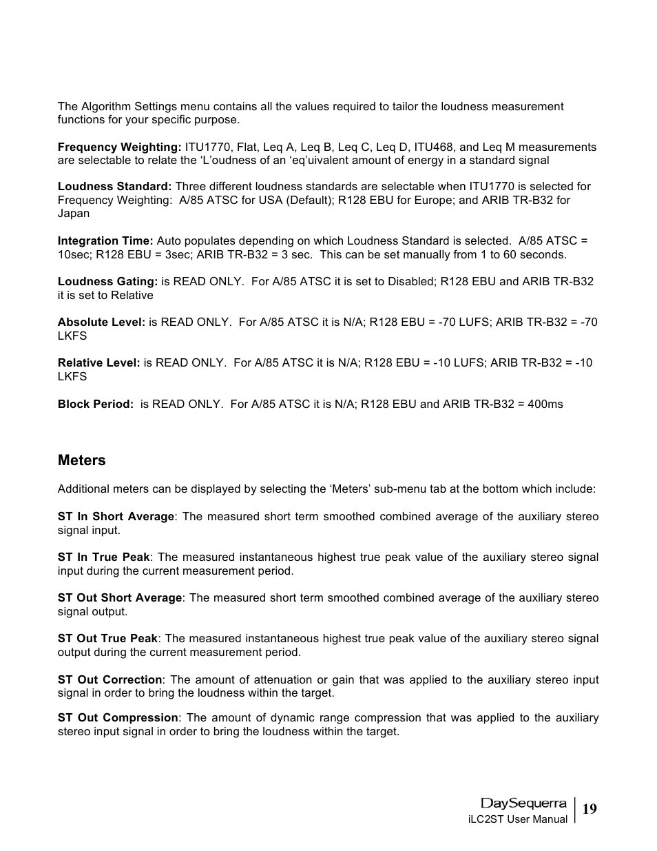 Meters | DaySequerra iLC2ST User Manual | Page 19 / 41