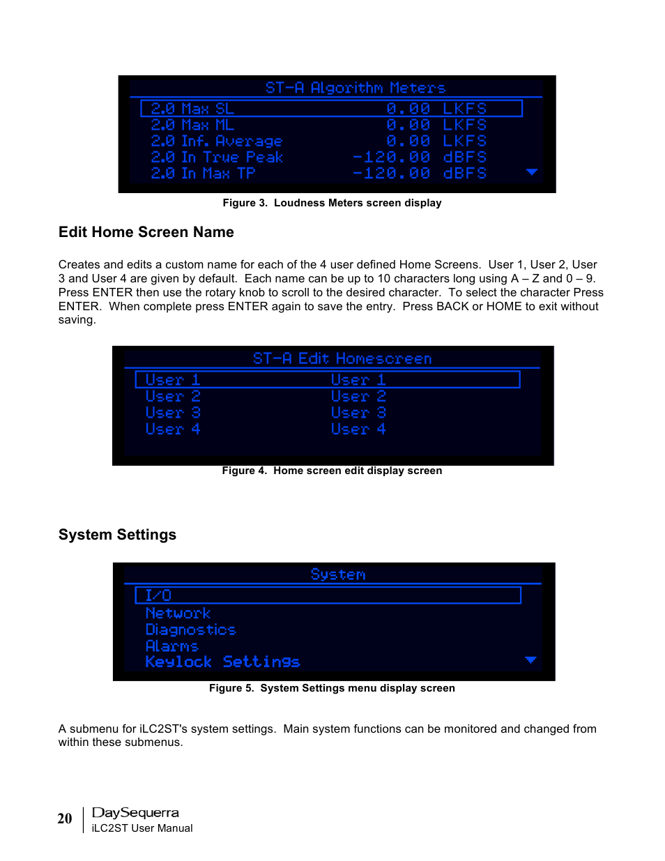 Edit home screen name, System settings | DaySequerra iLC2ST User Manual | Page 20 / 41