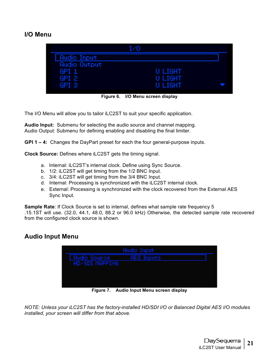 21 i/o menu, Audio input menu | DaySequerra iLC2ST User Manual | Page 21 / 41