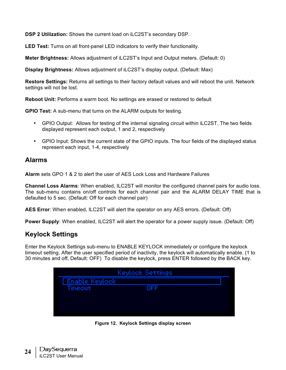 Alarms, Keylock settings | DaySequerra iLC2ST User Manual | Page 24 / 41