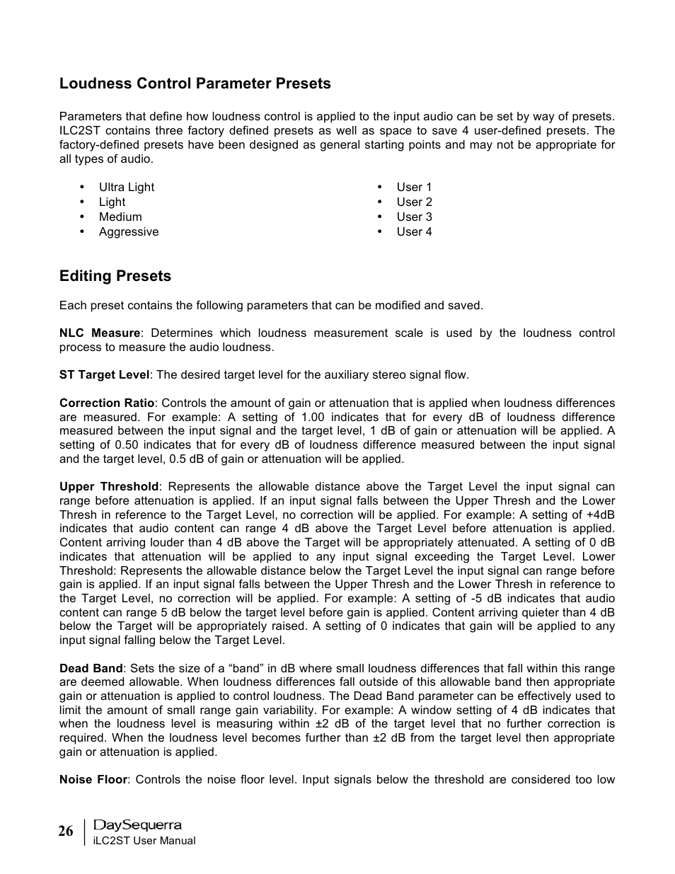 Loudness control parameter presets, Editing presets | DaySequerra iLC2ST User Manual | Page 26 / 41