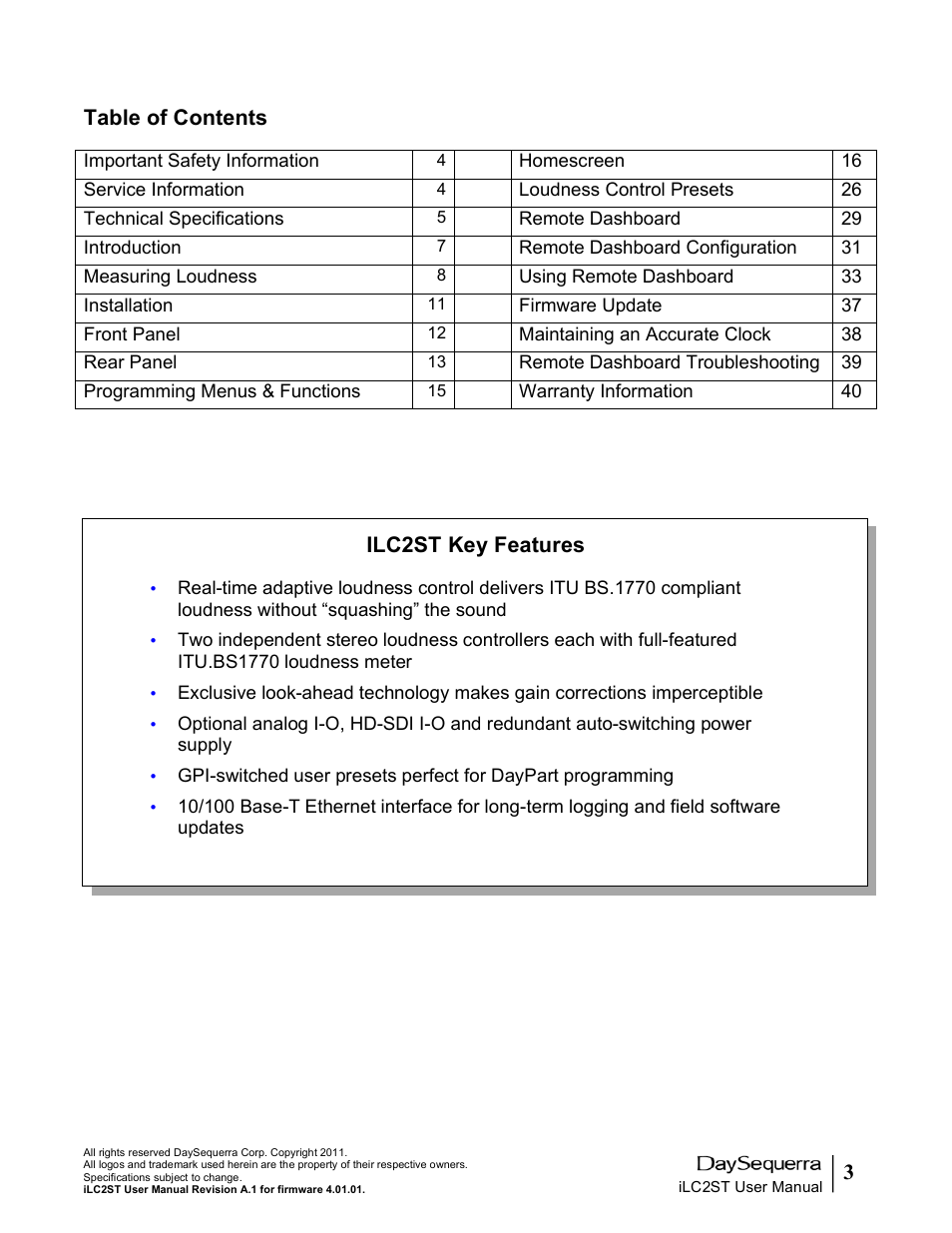 3table of contents, Ilc2st key features | DaySequerra iLC2ST User Manual | Page 3 / 41