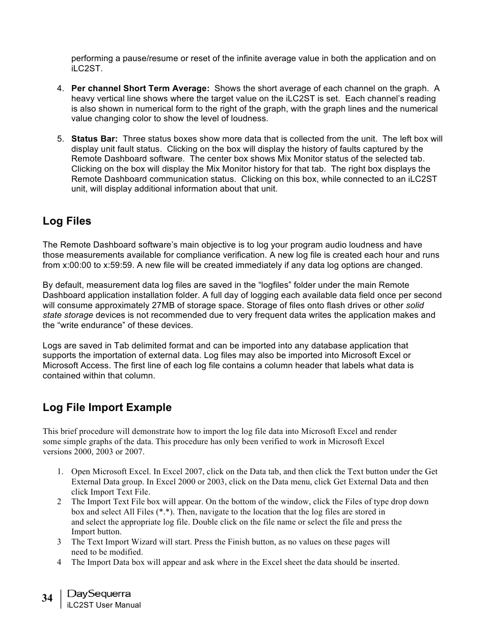 Log files, Log file import example | DaySequerra iLC2ST User Manual | Page 34 / 41