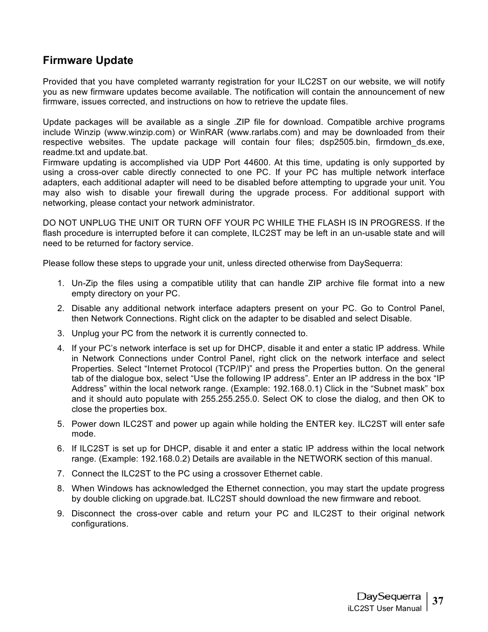 37 firmware update | DaySequerra iLC2ST User Manual | Page 37 / 41