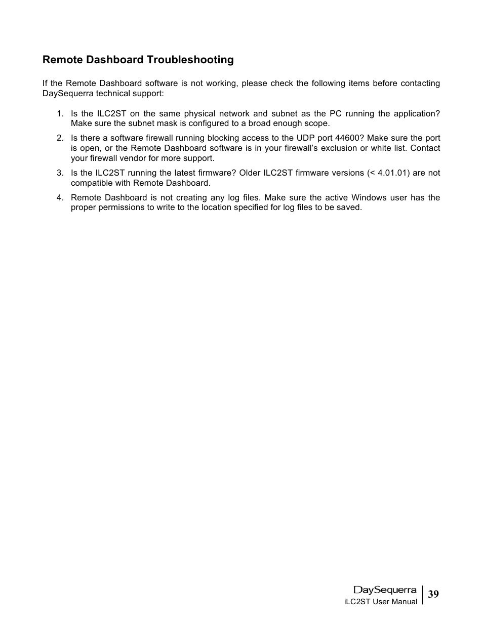 39 remote dashboard troubleshooting | DaySequerra iLC2ST User Manual | Page 39 / 41