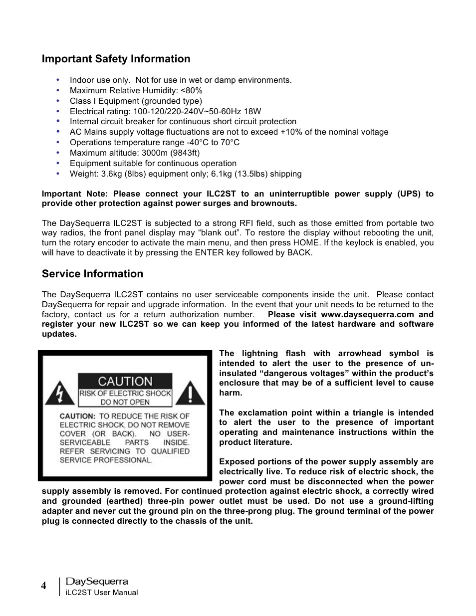 Important safety information, Service information | DaySequerra iLC2ST User Manual | Page 4 / 41