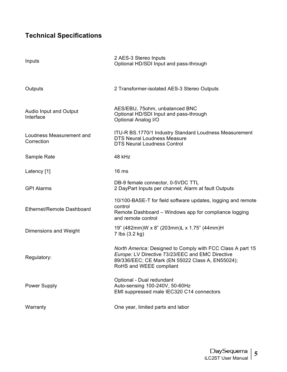 5technical specifications | DaySequerra iLC2ST User Manual | Page 5 / 41
