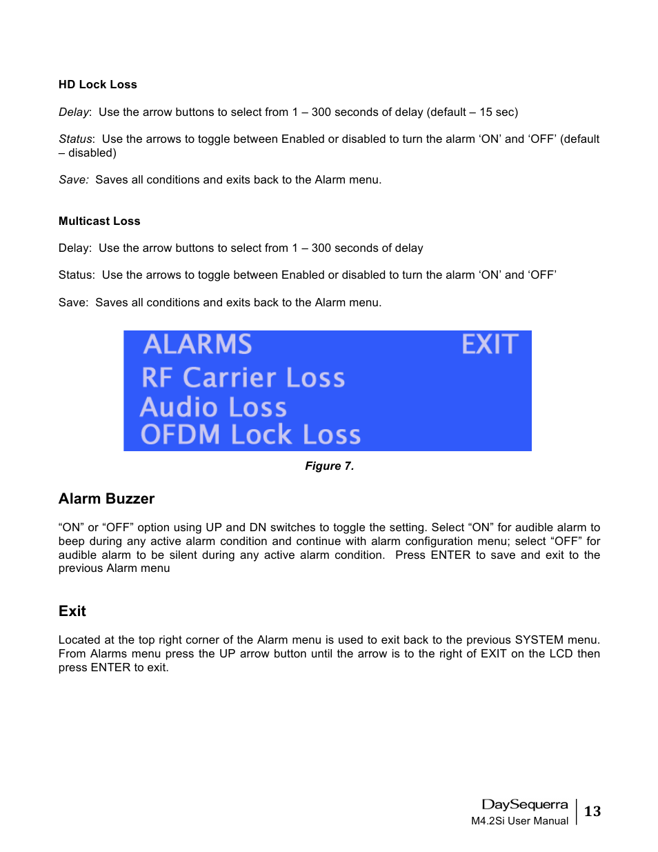 Alarm buzzer, Exit | DaySequerra M4.2Si AM-FM User Manual | Page 13 / 23