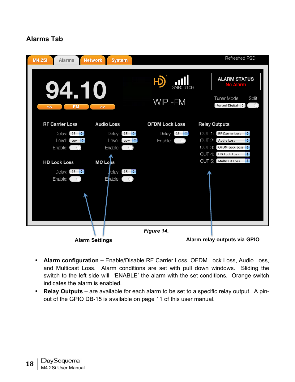 Alarms tab | DaySequerra M4.2Si AM-FM User Manual | Page 18 / 23