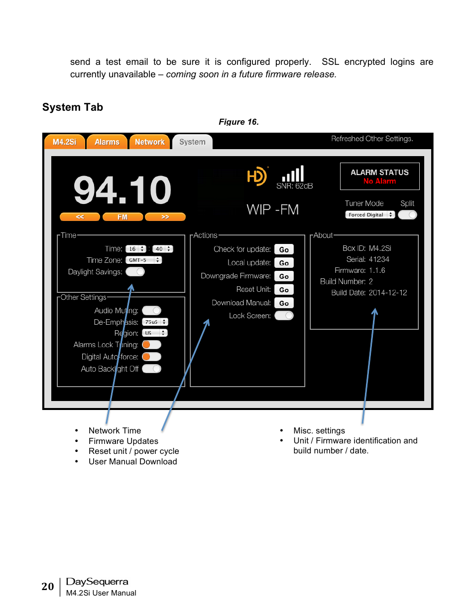 System tab | DaySequerra M4.2Si AM-FM User Manual | Page 20 / 23