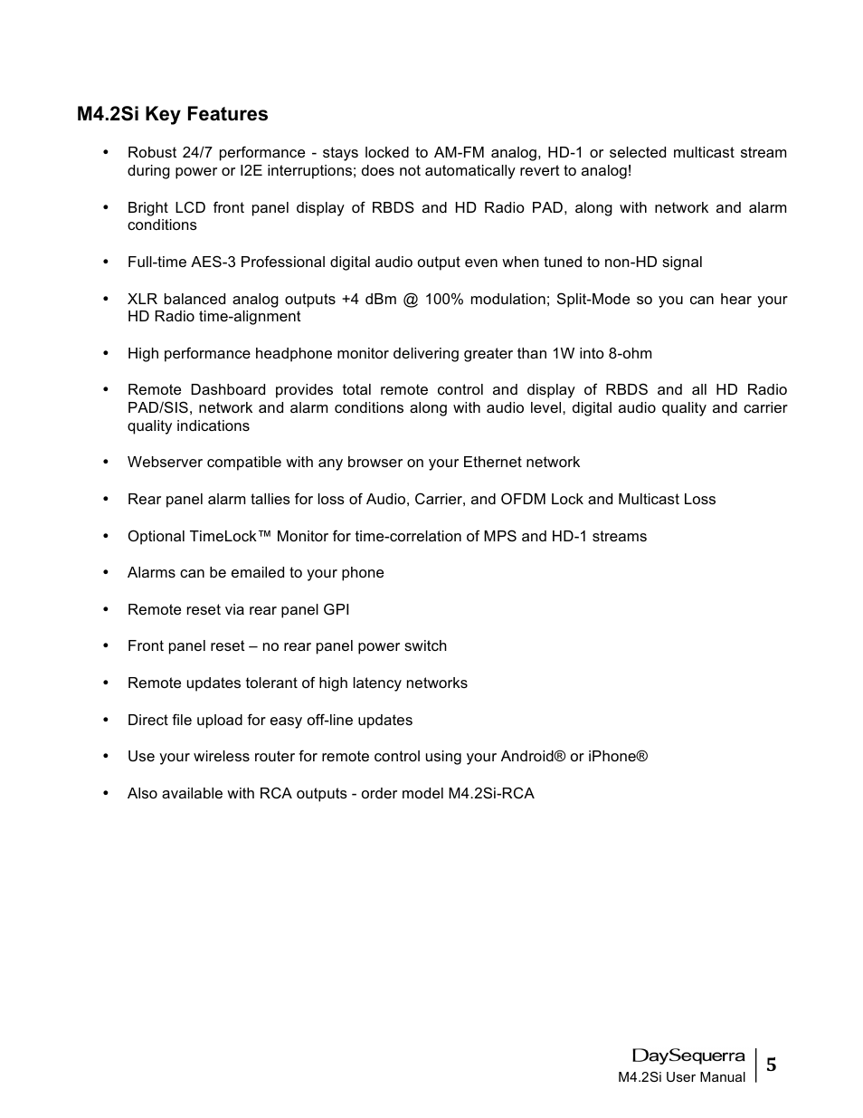 M4.2si key features | DaySequerra M4.2Si AM-FM User Manual | Page 5 / 23