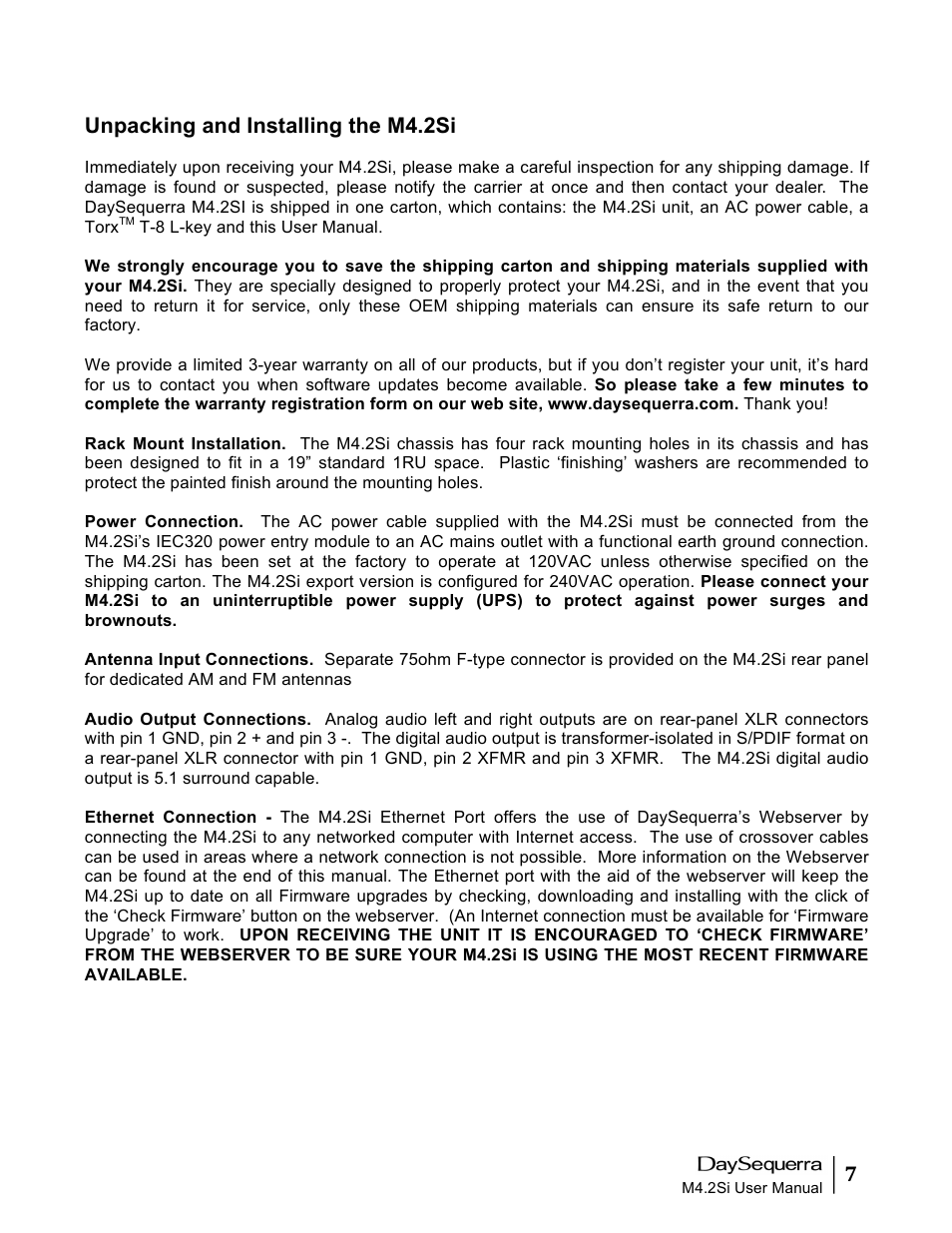 Unpacking and installing the m4.2si | DaySequerra M4.2Si AM-FM User Manual | Page 7 / 23
