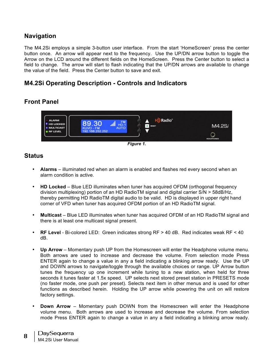 Navigation, Front panel, Status | DaySequerra M4.2Si AM-FM User Manual | Page 8 / 23