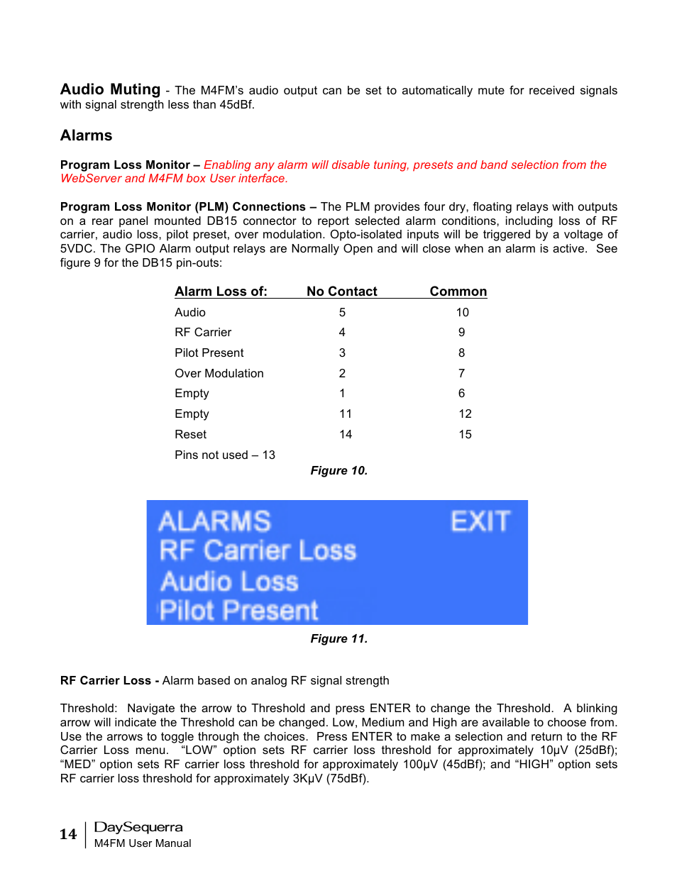 Audio muting, Alarms | DaySequerra M4FM User Manual | Page 14 / 26