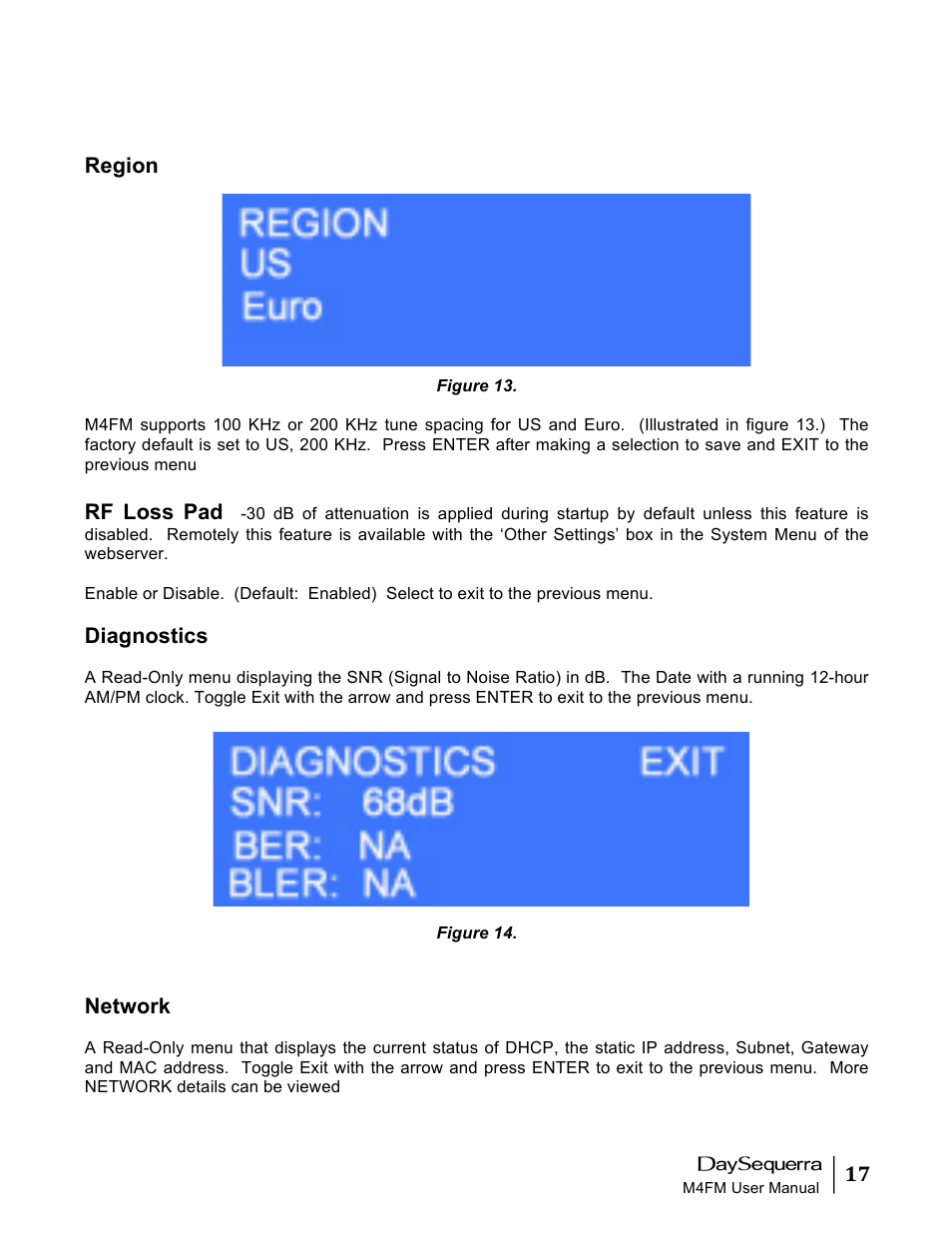 Region, Rf loss pad, Diagnostics | Network | DaySequerra M4FM User Manual | Page 17 / 26
