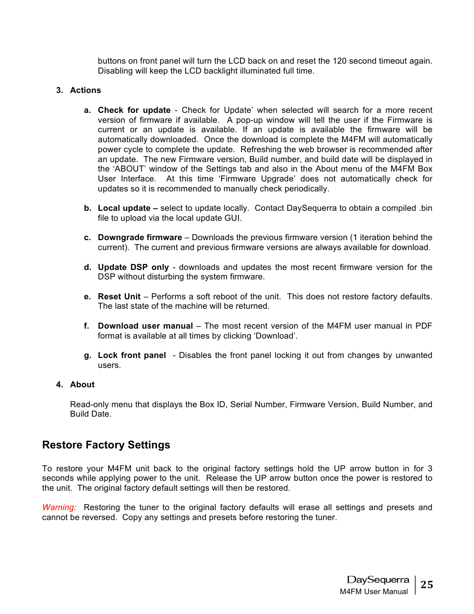 Restore factory settings | DaySequerra M4FM User Manual | Page 25 / 26