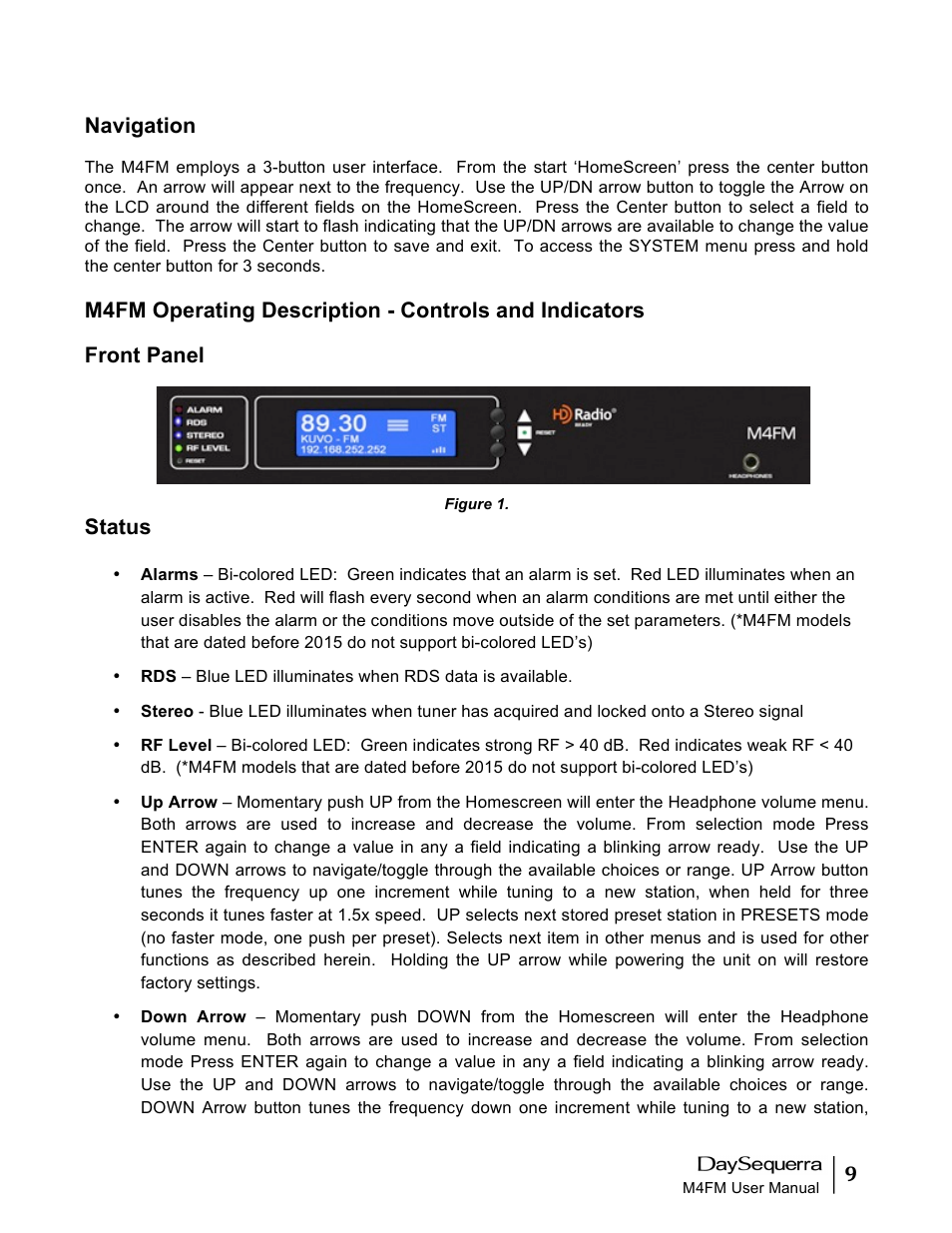 Navigation, Front panel, Status | DaySequerra M4FM User Manual | Page 9 / 26