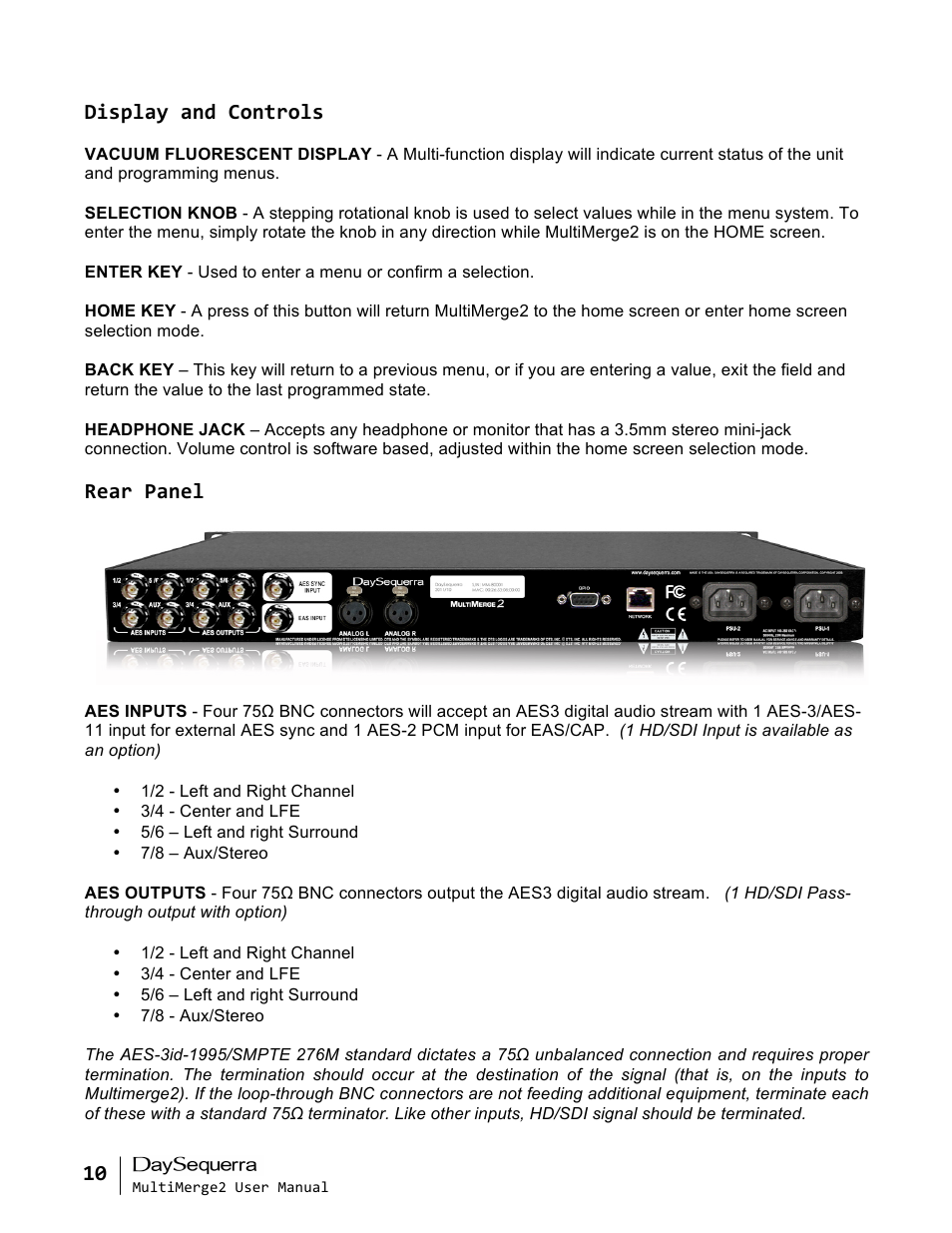 Display and controls, Rear panel | DaySequerra MultiMerge2 User Manual | Page 10 / 19
