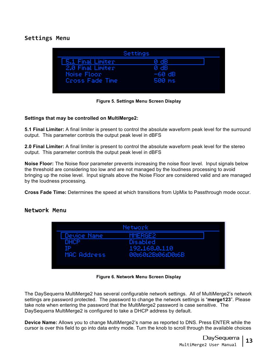 Settings menu, Network menu | DaySequerra MultiMerge2 User Manual | Page 13 / 19