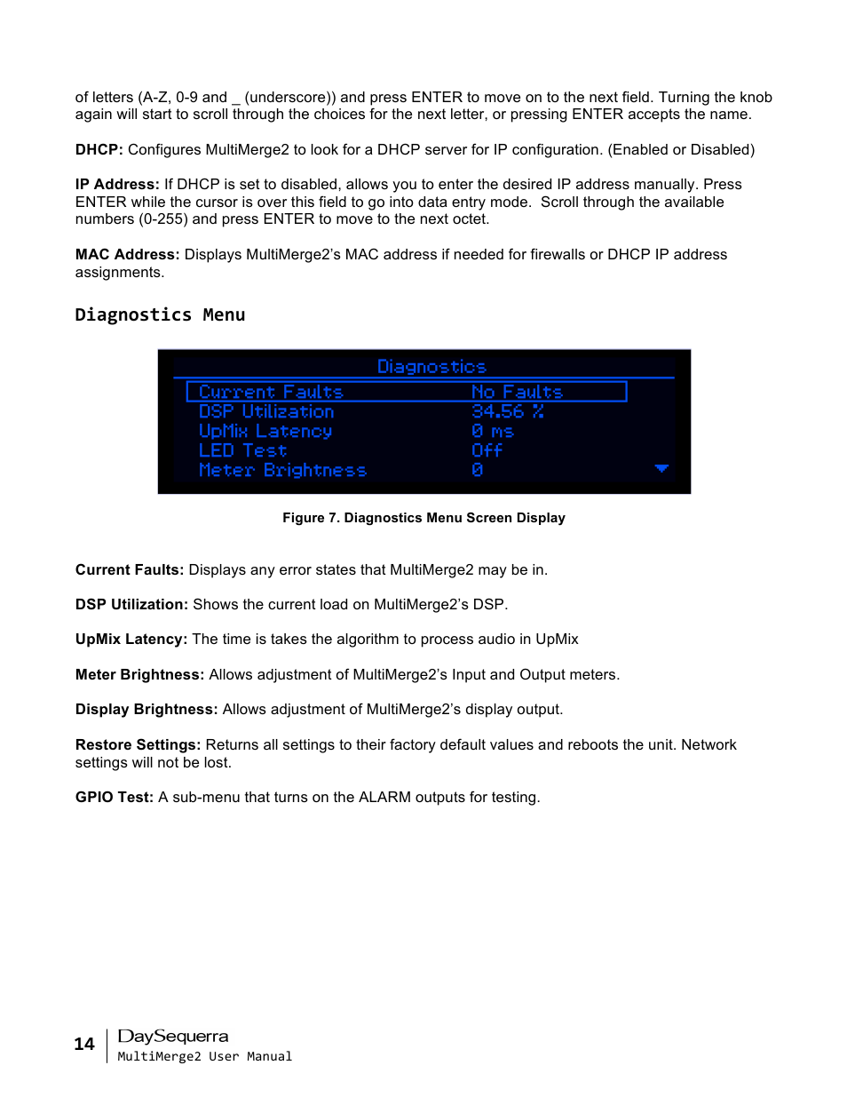 Diagnostics menu | DaySequerra MultiMerge2 User Manual | Page 14 / 19