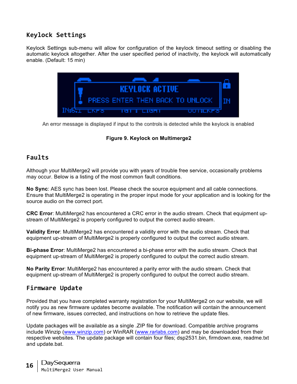 Keylock settings, Faults, Firmware update | DaySequerra MultiMerge2 User Manual | Page 16 / 19