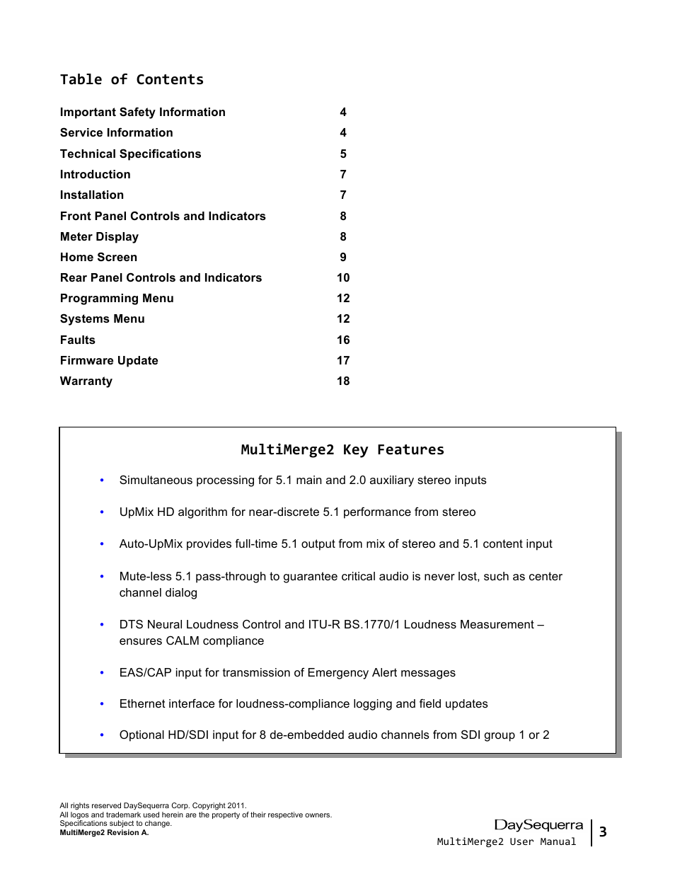 3 table of contents, Multimerge2 key features | DaySequerra MultiMerge2 User Manual | Page 3 / 19