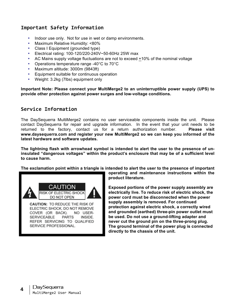 Important safety information, Service information | DaySequerra MultiMerge2 User Manual | Page 4 / 19