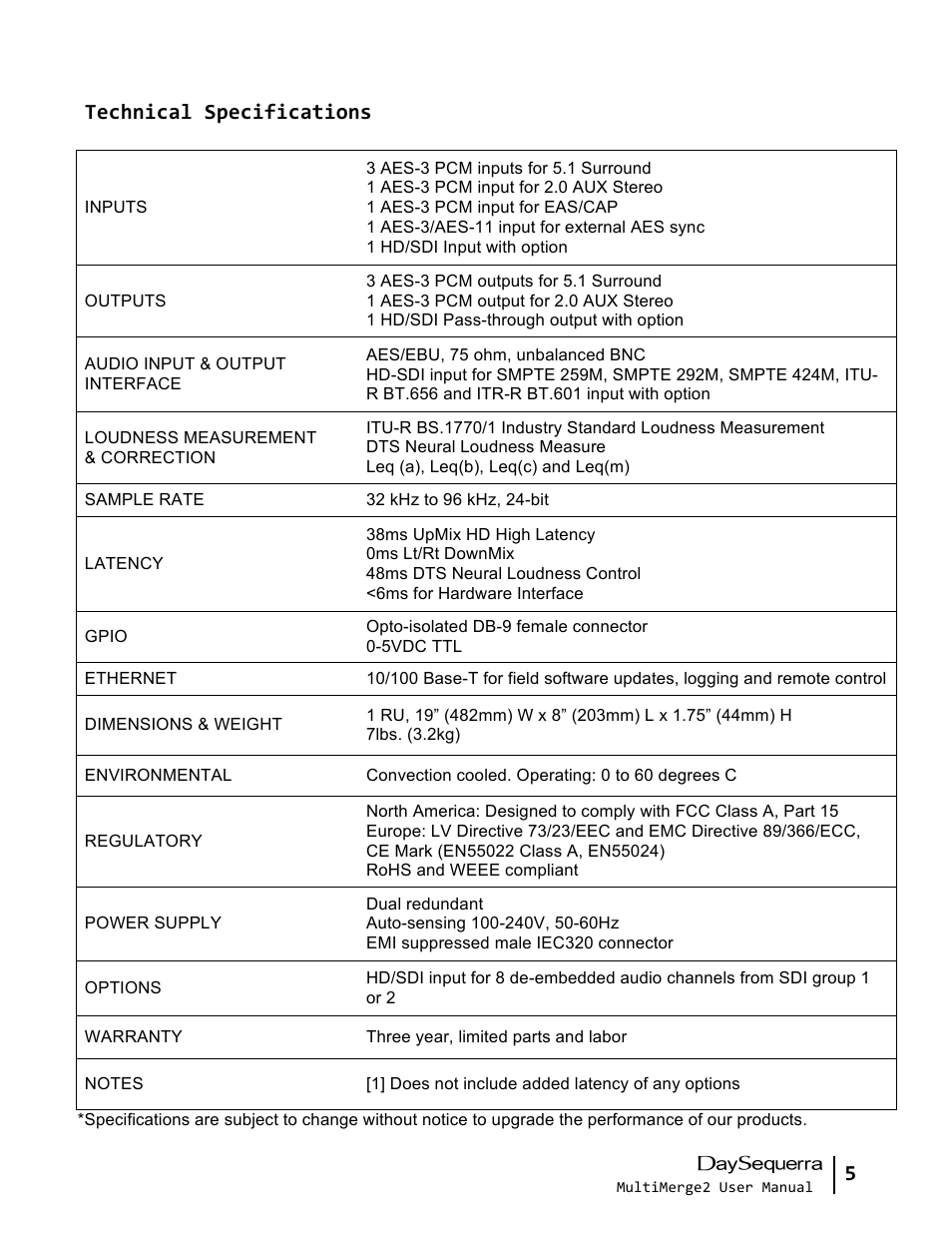 5 technical specifications | DaySequerra MultiMerge2 User Manual | Page 5 / 19