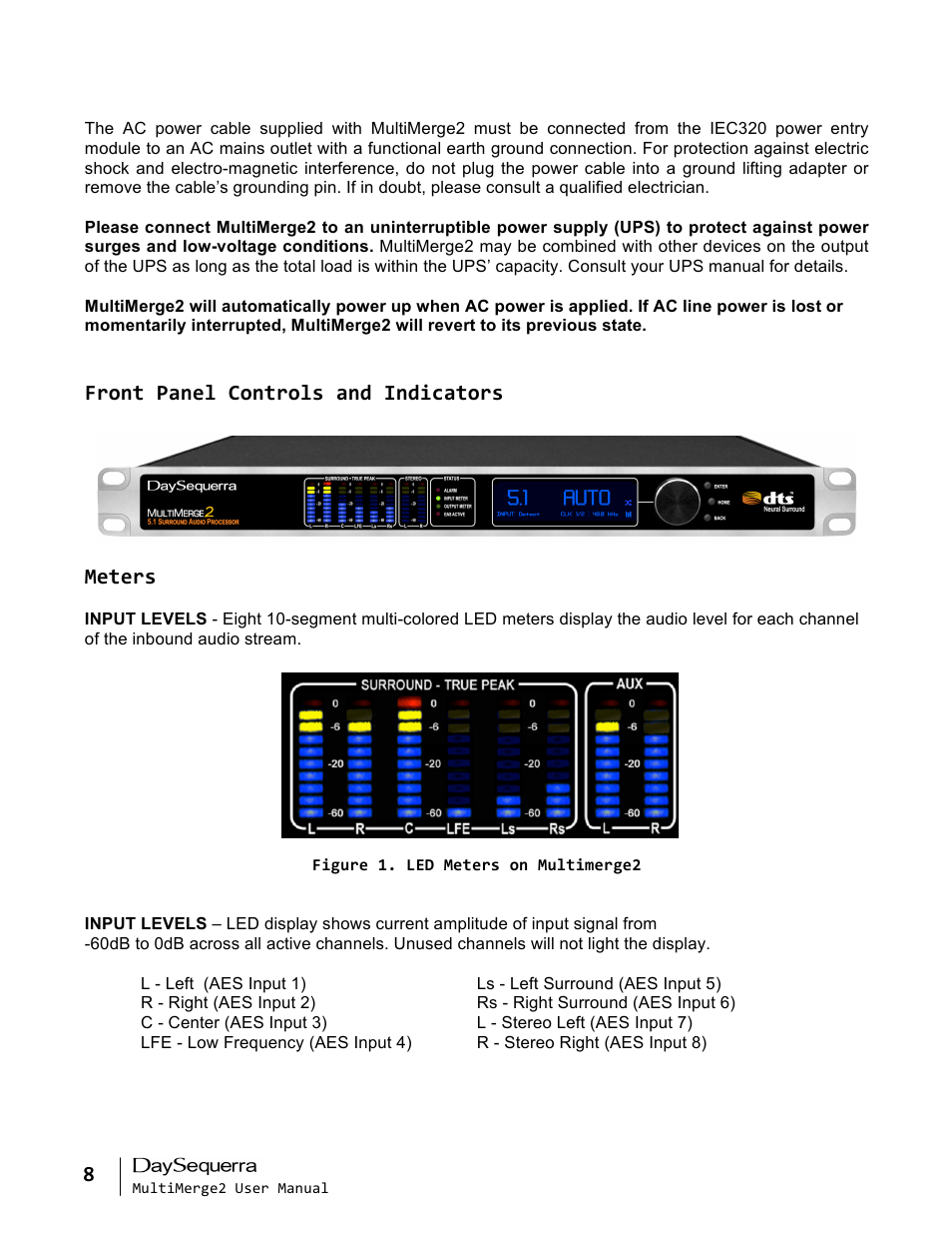 Front panel controls and indicators, Meters | DaySequerra MultiMerge2 User Manual | Page 8 / 19