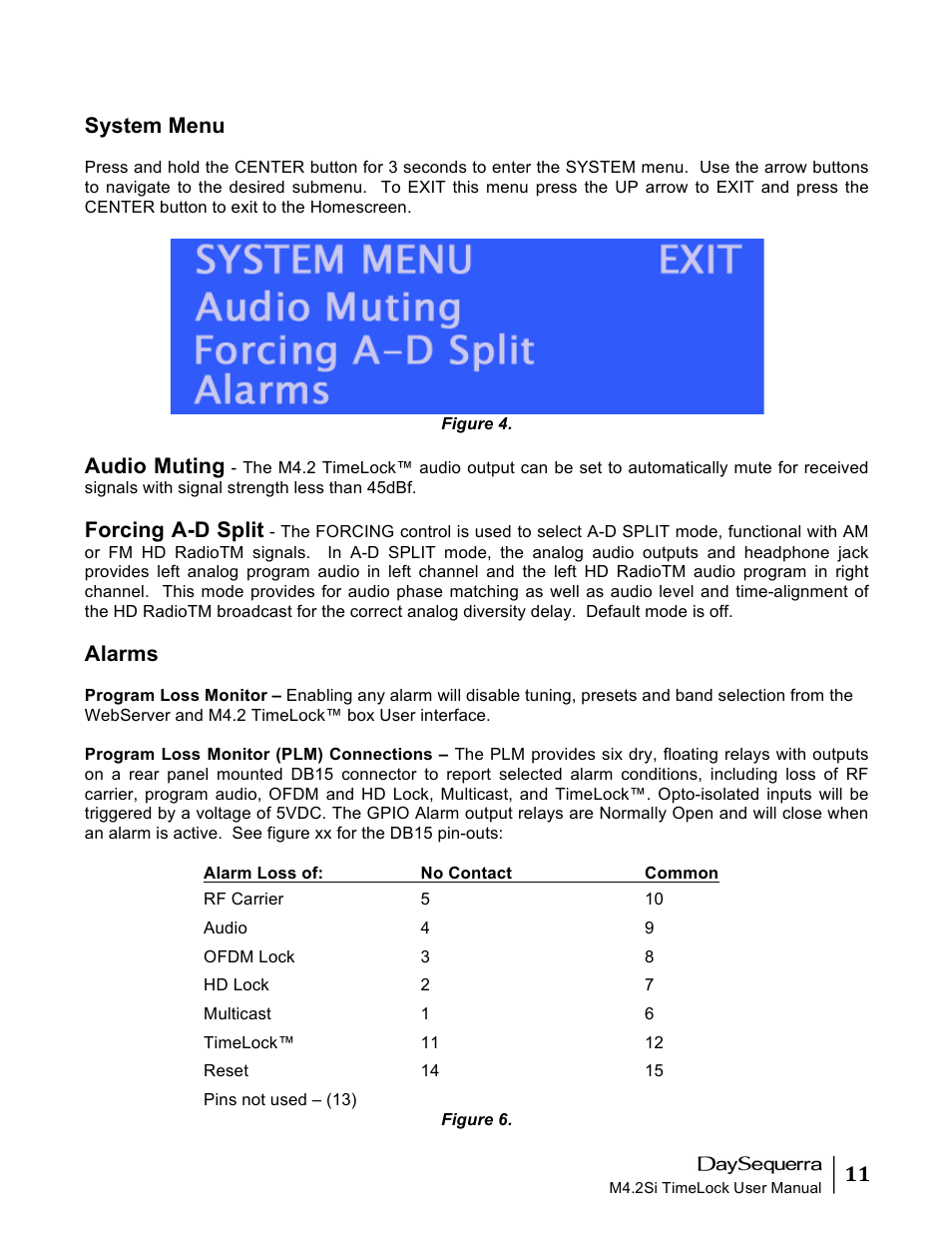 System menu, Audio muting, Forcing a-d split | Alarms | DaySequerra M4.2 TimeLock User Manual | Page 11 / 24