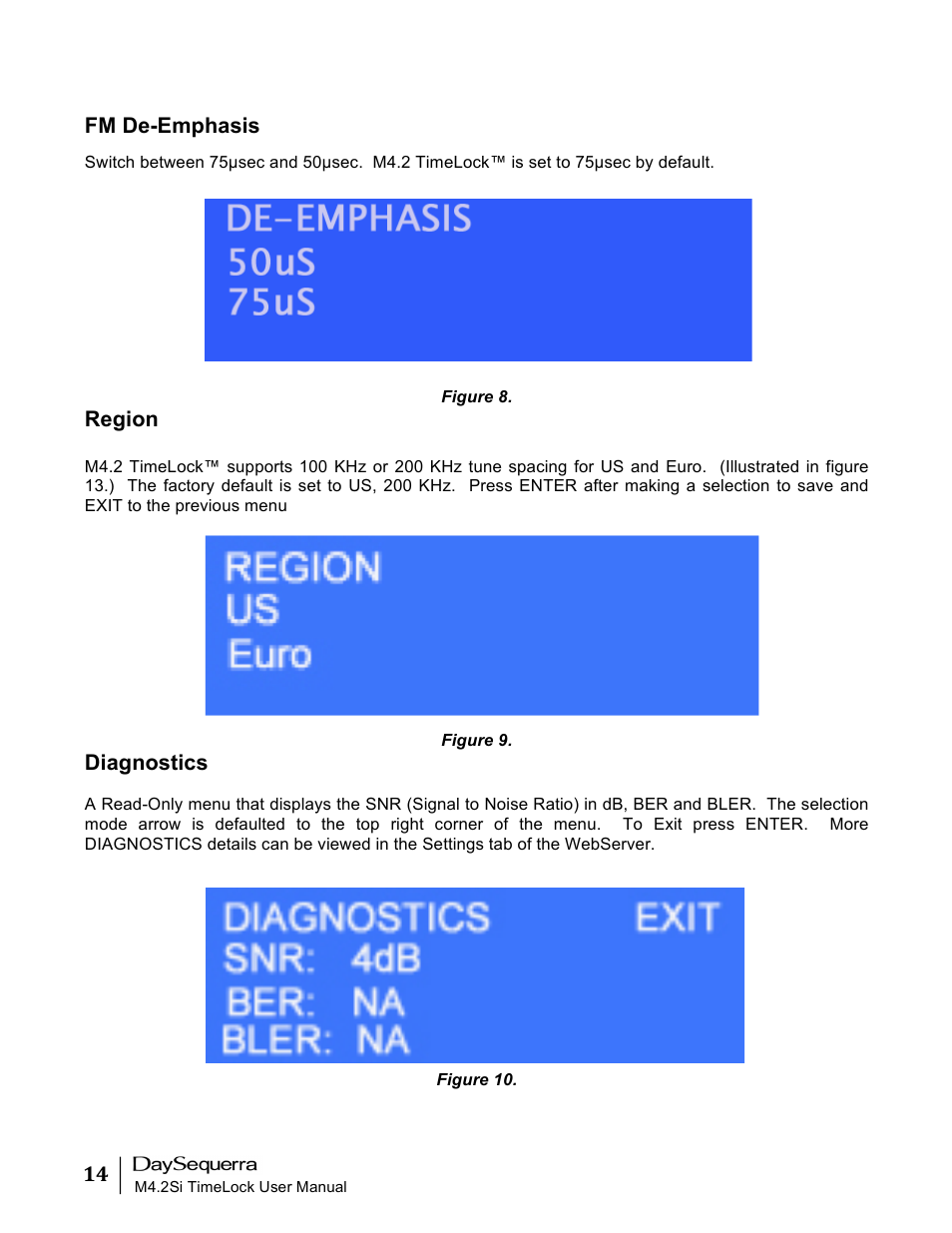 Fm de-emphasis, Region, Diagnostics | DaySequerra M4.2 TimeLock User Manual | Page 14 / 24