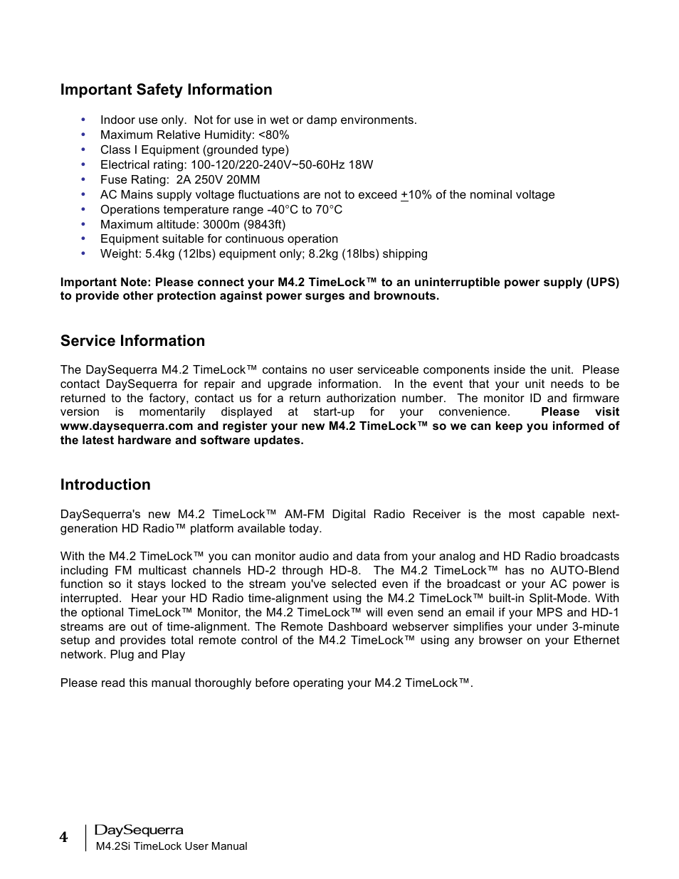 Important safety information, Service information, Introduction | DaySequerra M4.2 TimeLock User Manual | Page 4 / 24