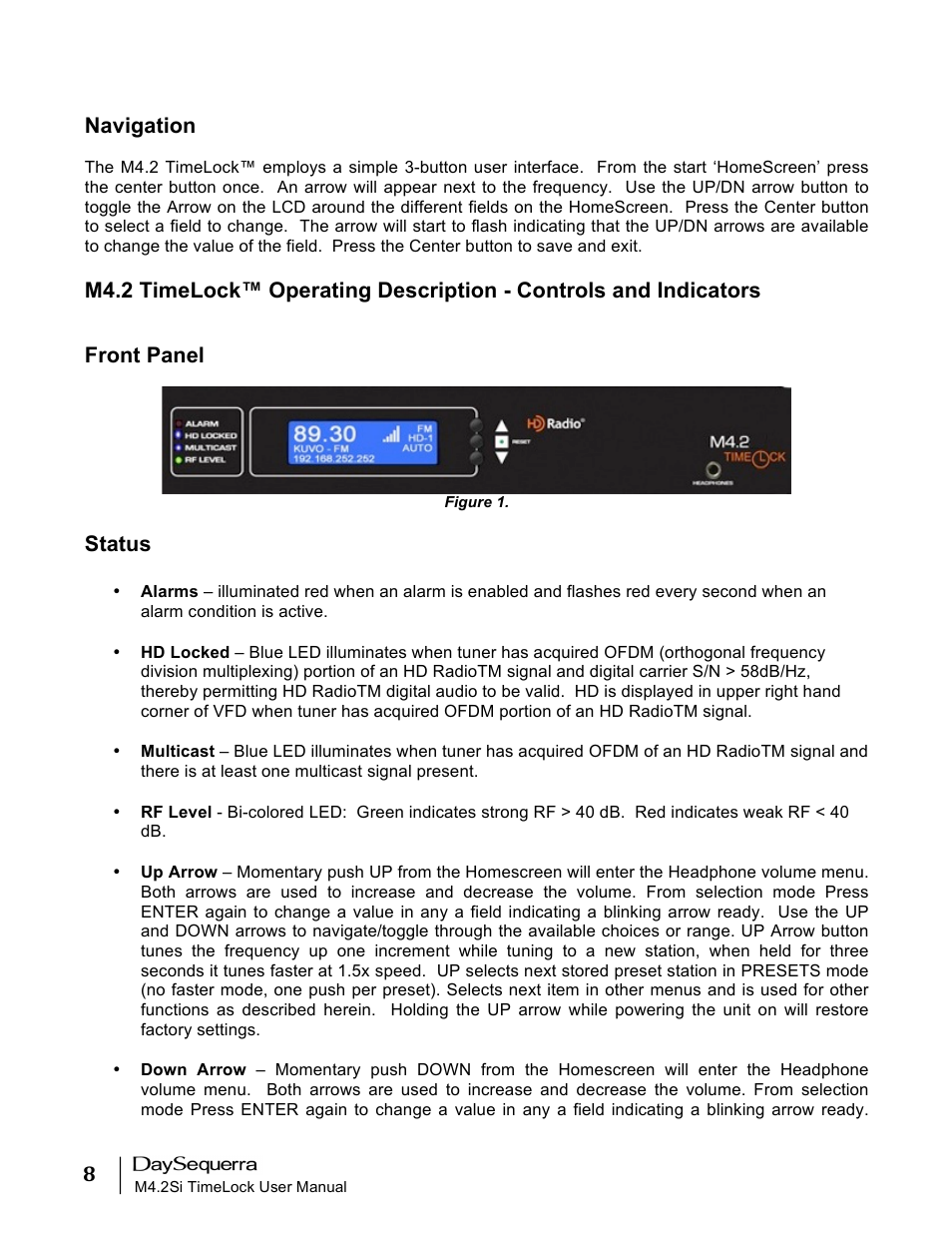 Navigation, Front panel, Status | DaySequerra M4.2 TimeLock User Manual | Page 8 / 24