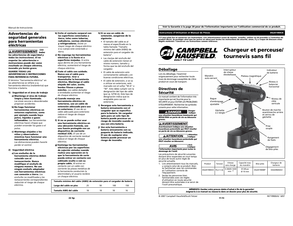 Chargeur et perceuse/ tournevis sans fil, Déballage, Directives de sécurité | Campbell Hausfeld DG201900CK User Manual | Page 11 / 16