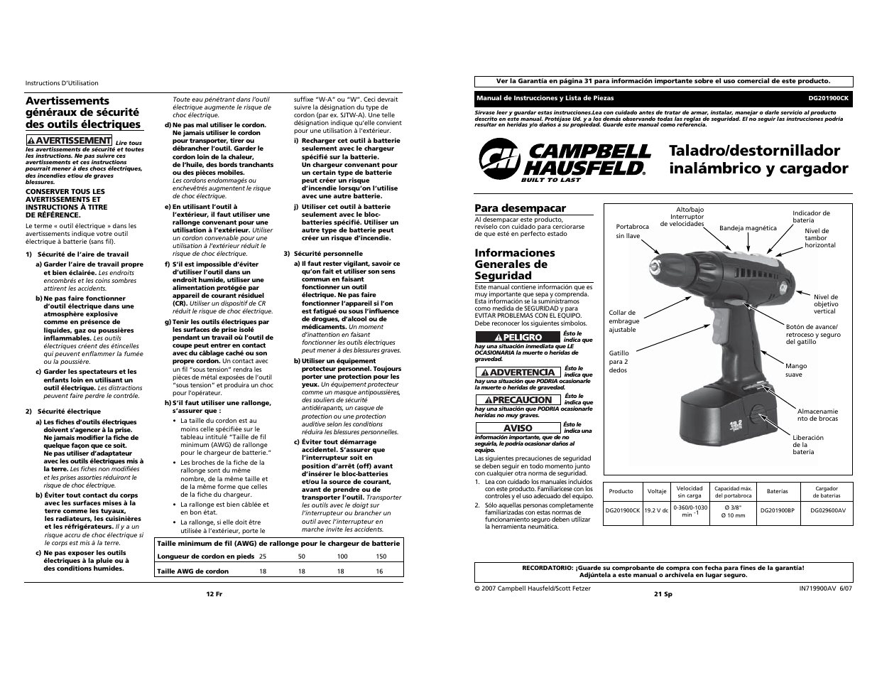 Taladro/destornillador inalámbrico y cargador, Para desempacar, Informaciones generales de seguridad | Campbell Hausfeld DG201900CK User Manual | Page 12 / 16